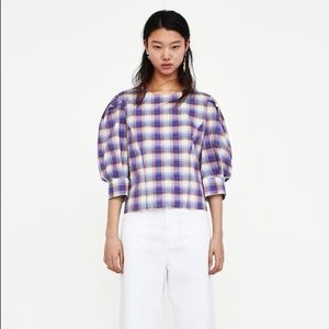 Checkered Blouse Puff Sleeves Pastel 